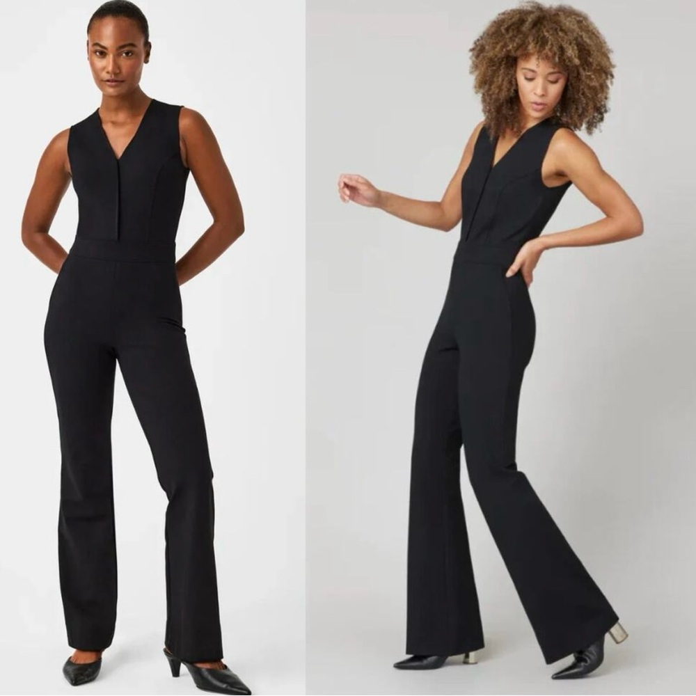 Spanx The Perfect Jumpsuit Black Ponte Knit Flare Leg Body Shaping Jumpsuit
